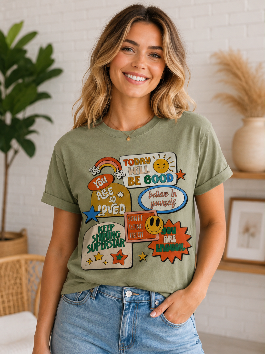 Sage Green "You Are Loved Retro Graphic" Tee