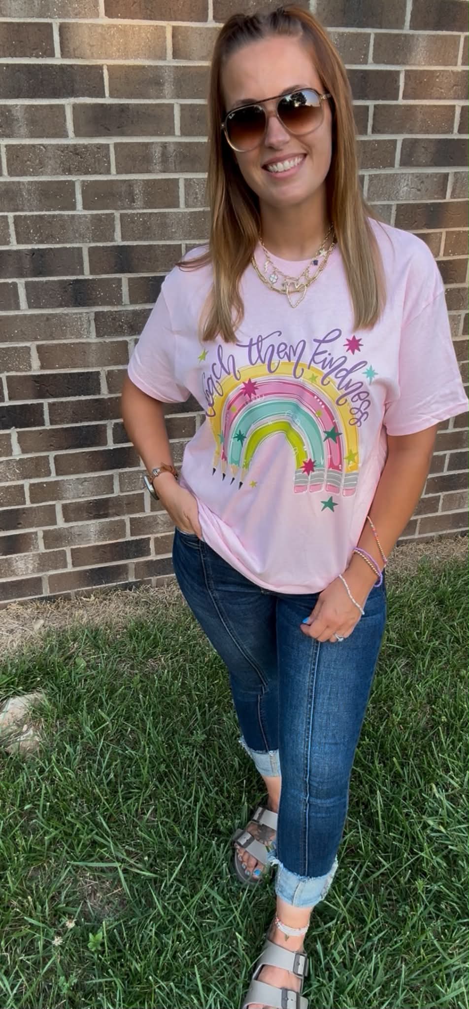Pink "Teach Them Kindness" Teacher Tee