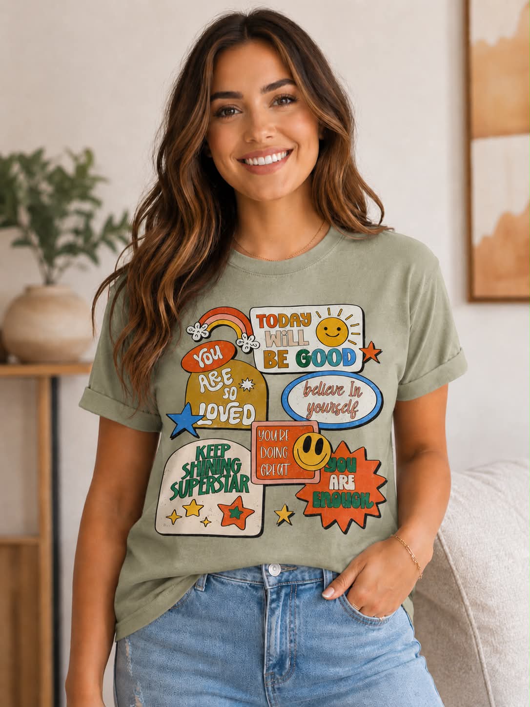 Sage Green "You Are Loved Retro Graphic" Tee