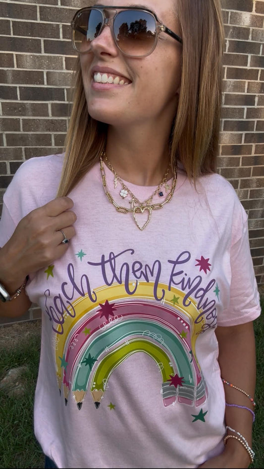 Pink "Teach Them Kindness" Teacher Tee