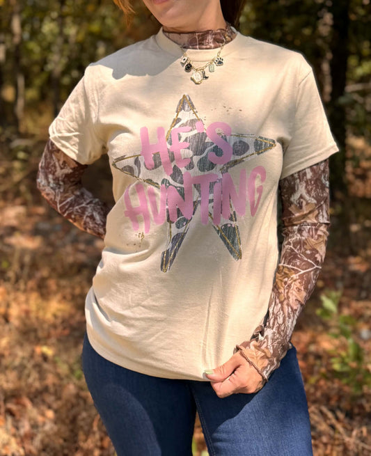 Short Sleeve Camo Star "He's Hunting" Tee