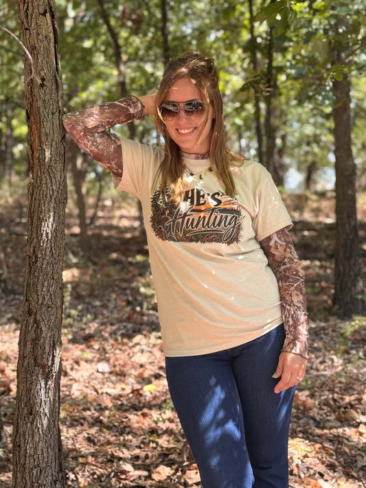 Short Sleeve Cream "He's Hunting" Tee