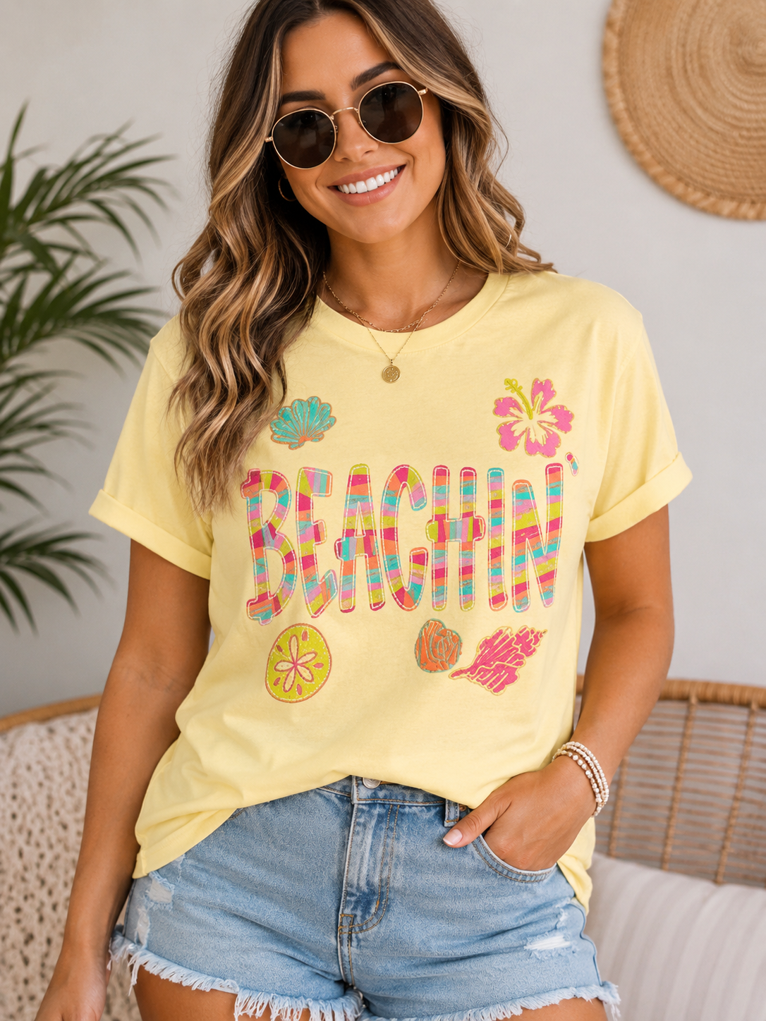 Banana Yellow "Beachin’ Patchwork Summer" Tee