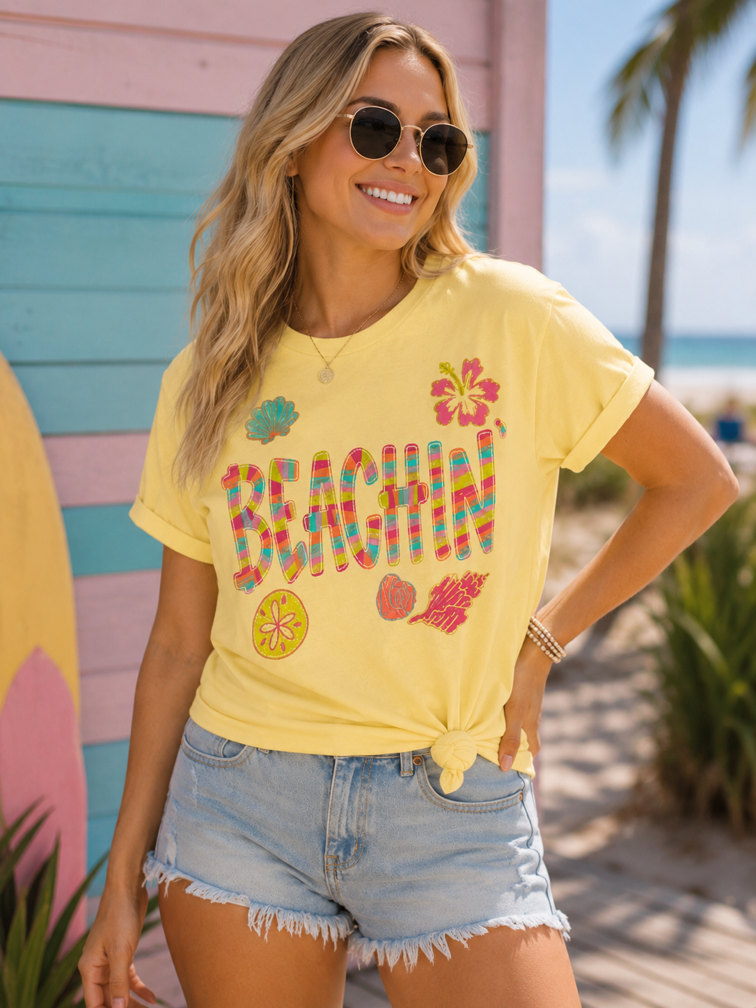 Banana Yellow "Beachin’ Patchwork Summer" Tee