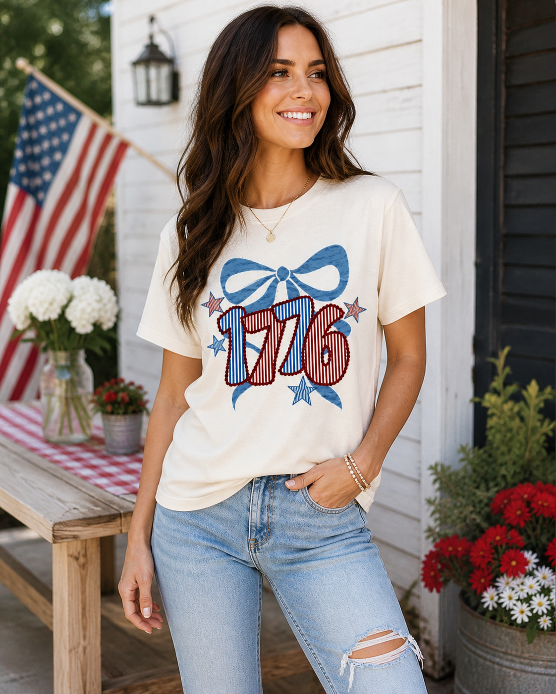 Cream "Vintage Americana 1776 Bow" Tee