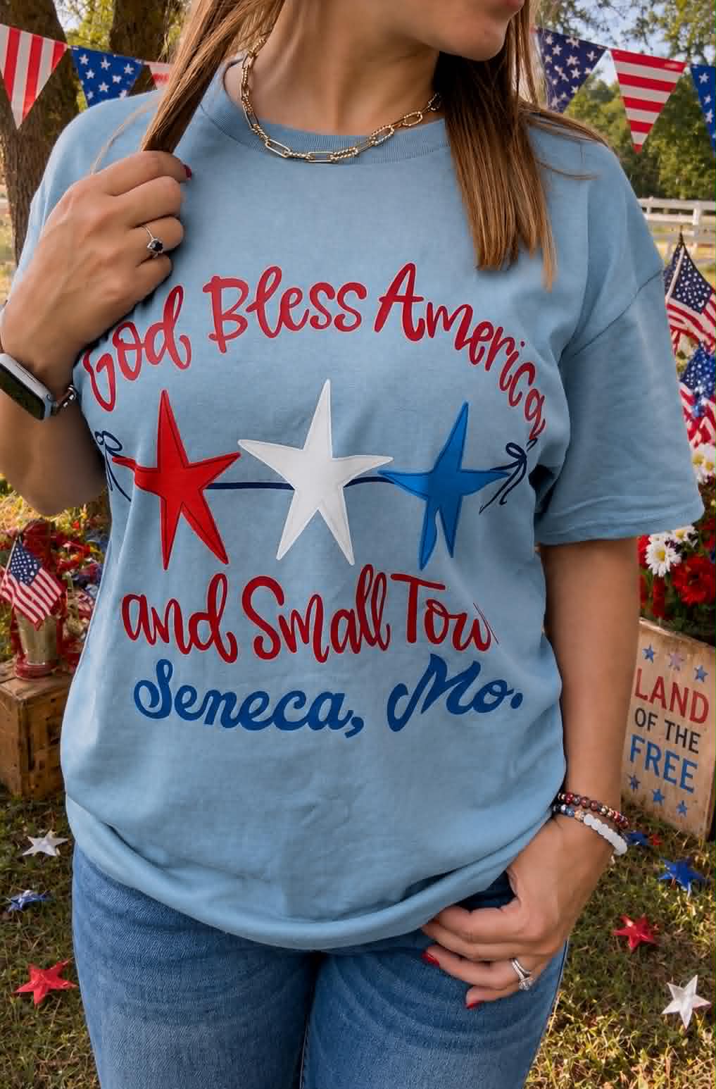 Blue "God Bless America..." Personalized Town Tee - Any Town Available!